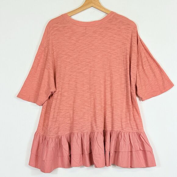 Akemi Kim Coral Pink Ruffle Hem Slub Knit Oversized Shirt Top Women's Small - Picture 4 of 6